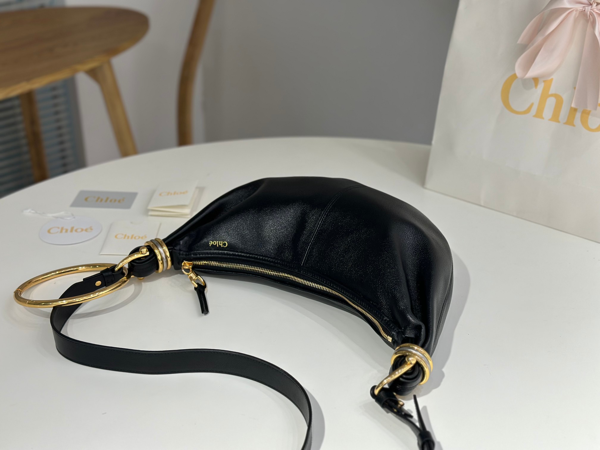 Chloe Small Bracelet Hobo Bag In Black Grained Leather